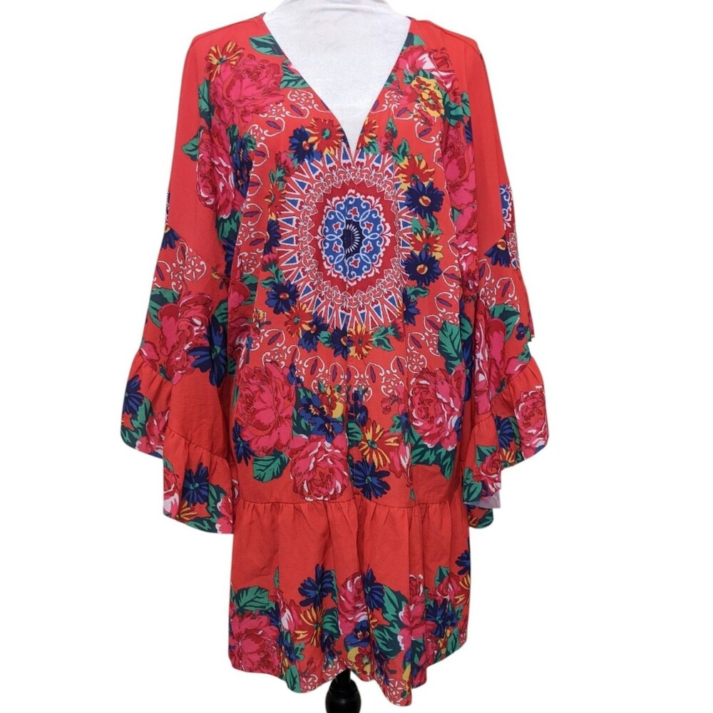 Umgee Red Tunic Kimono Layer Bright Floral Moroccan Flounce Boho Artsy Size XL